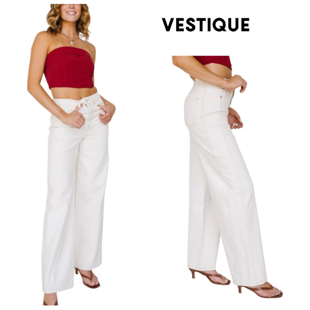 Vestique City Limits Cream Denim Wide-Leg Pants Jeans Size Large Cotton Hi Rise